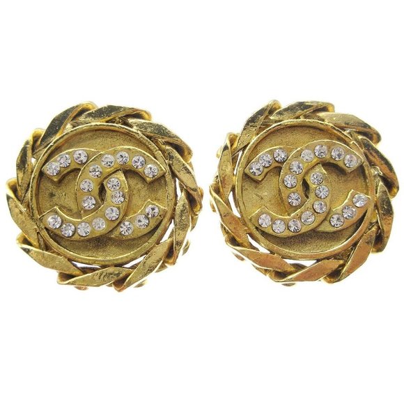 Chanel Button Motif Rhinestone Earrings Clip-On 23 Gold 89108 - Picture 1 of 10